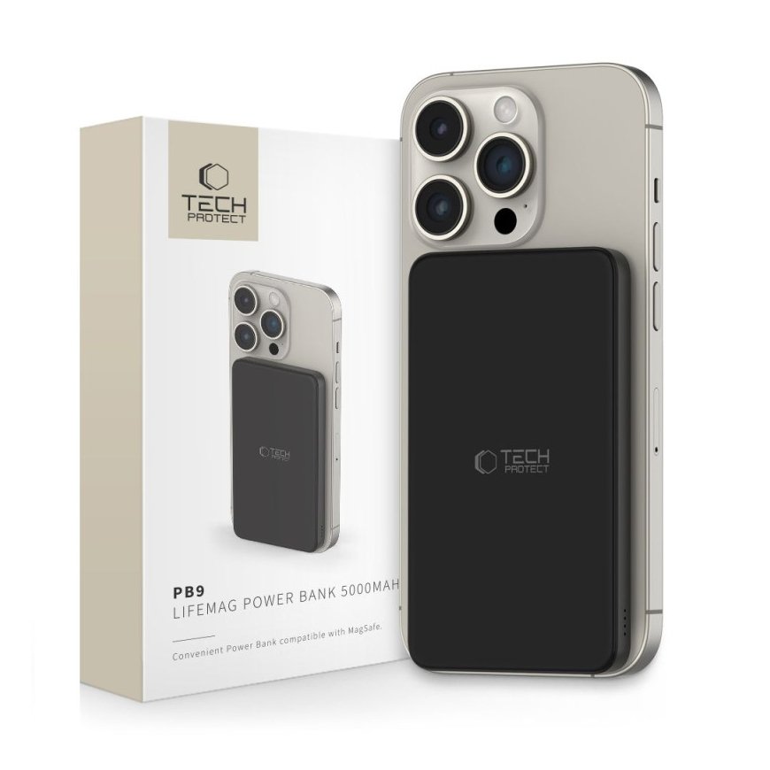 Tech-Protect LifeMag PB10 Powerbank MagSafella 5000mAh 15W USB-C - musta + USB-C kaapeli
