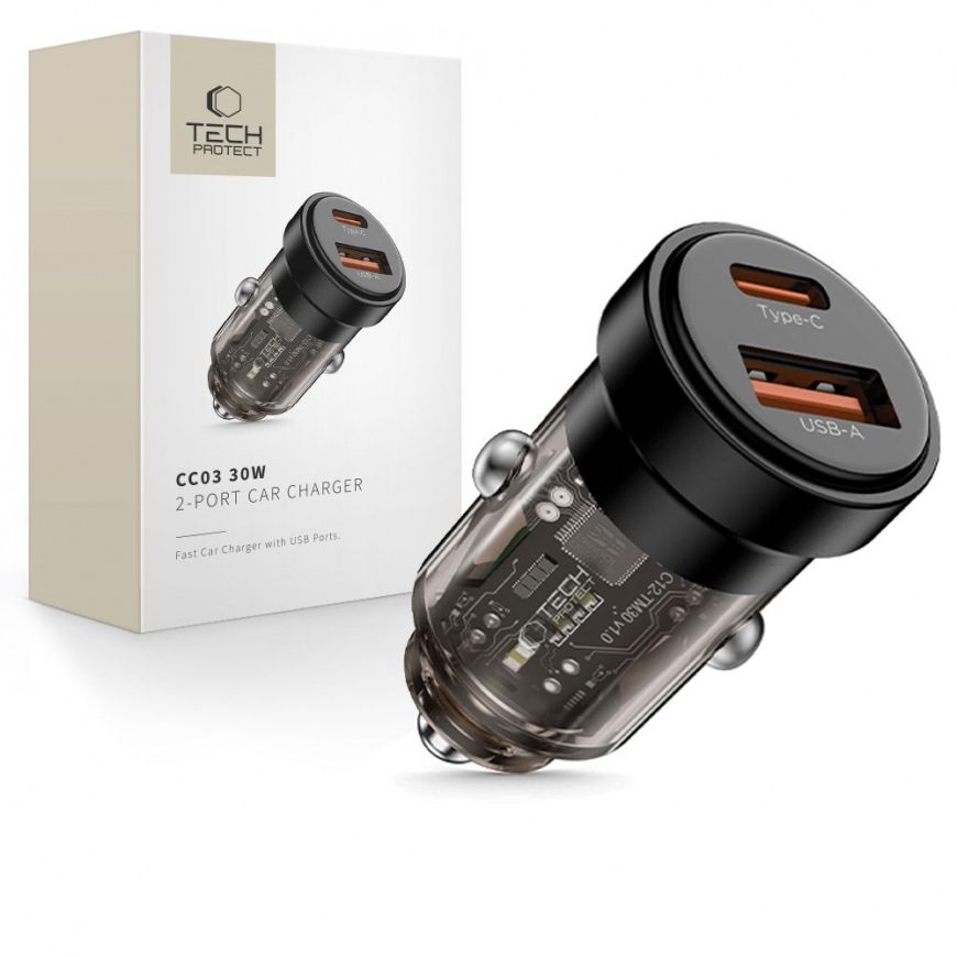 Tech-Protect CC03 30W 2-Port USB-A | USB-C Car Charger - Black
