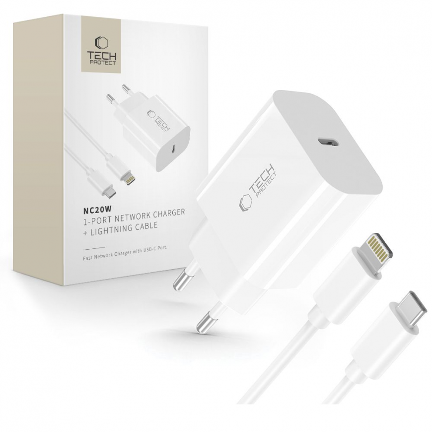 Tech-Protect NC20W Wall Charger with 100 cm USB-C | Lightning Ca