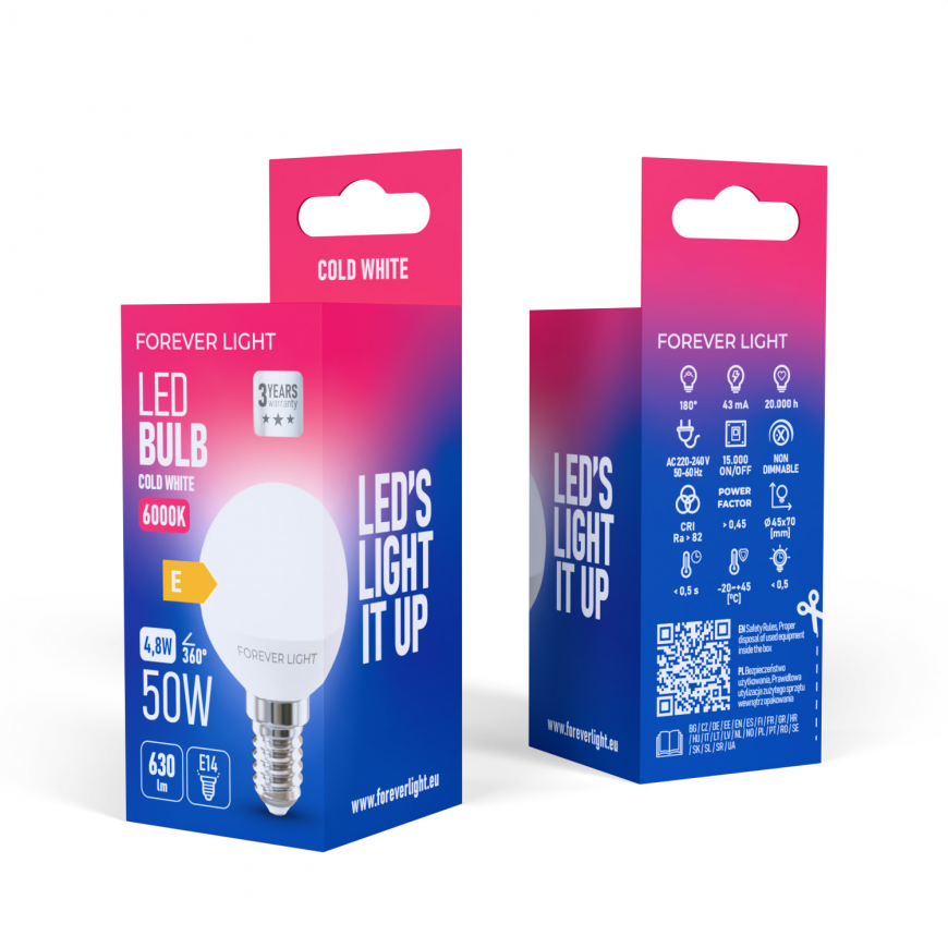 Forever Light LED Bulb E14 G45 4.8W 630lm 6000K class E – 2
