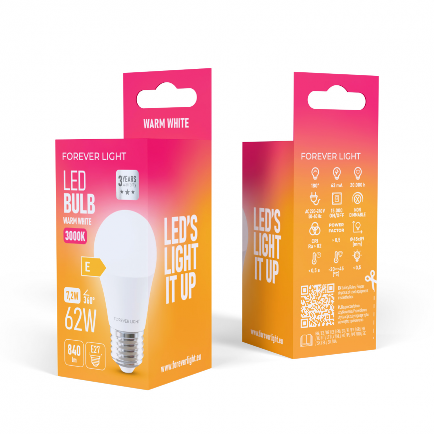 Forever Light LED Bulb E27 G45 7.2W 840lm 3000K class E – 2