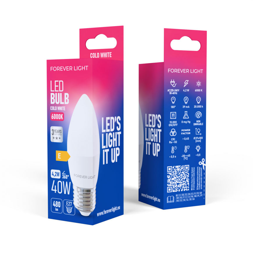 Forever Light LED Bulb E27 C37 4.2W 480lm 6000K class E – 2