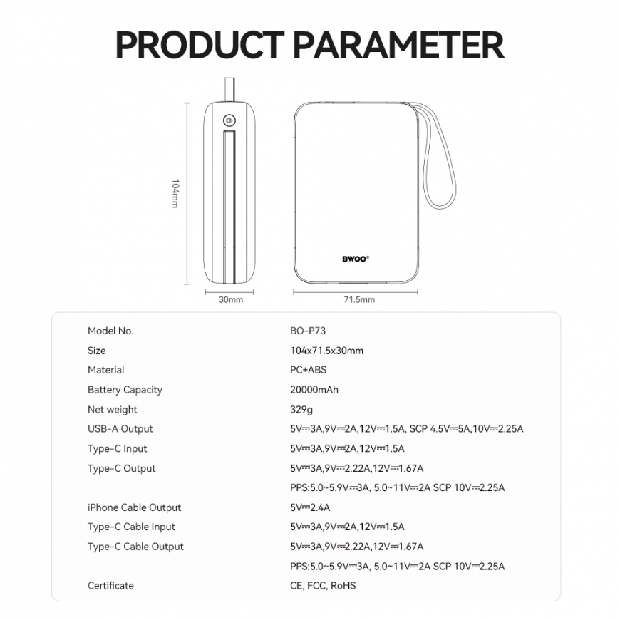 BWOO power bank P73 22.5W 20000 mAh with 2 built-in cables 1 x U – 3
