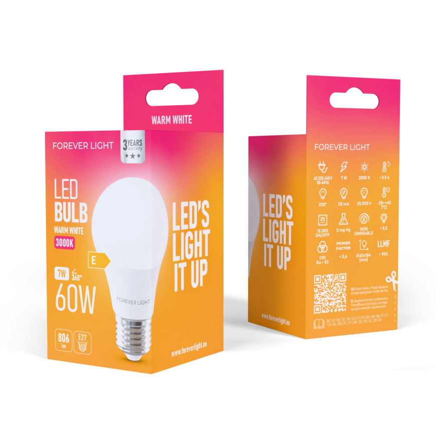 Forever Light LED Bulb E27 A60 7W 806lm 3000K class E – 2