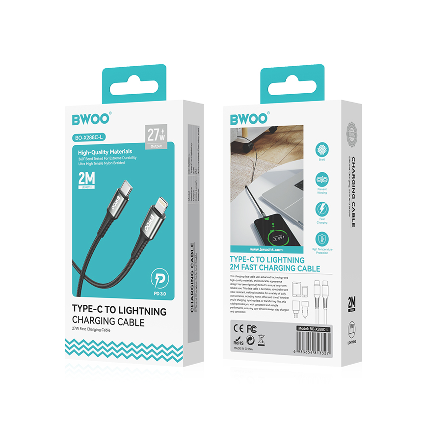 BWOO Braided Cable USB-C - Lightning 2m 30W black – 4
