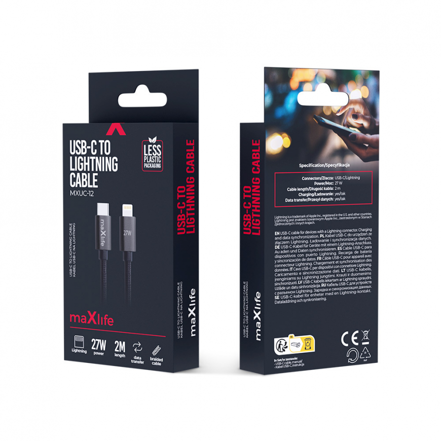 Maxlife MXUC-12 cable USB-C - Lightning 2,0 m 27W black – 2
