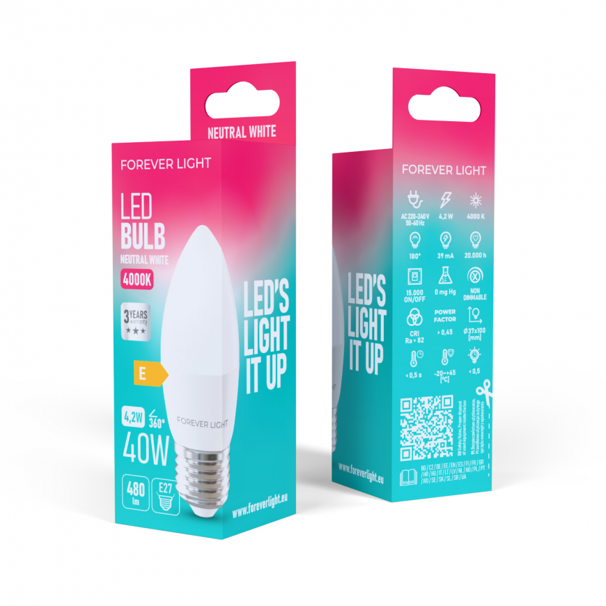 Forever Light LED Bulb E27 C37 4.2W 480lm 4000K class E – 2