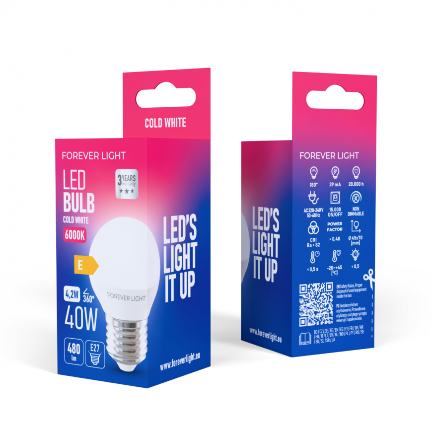 Forever Light LED Bulb E27 G45 4.2W 480lm 6000K class E – 2