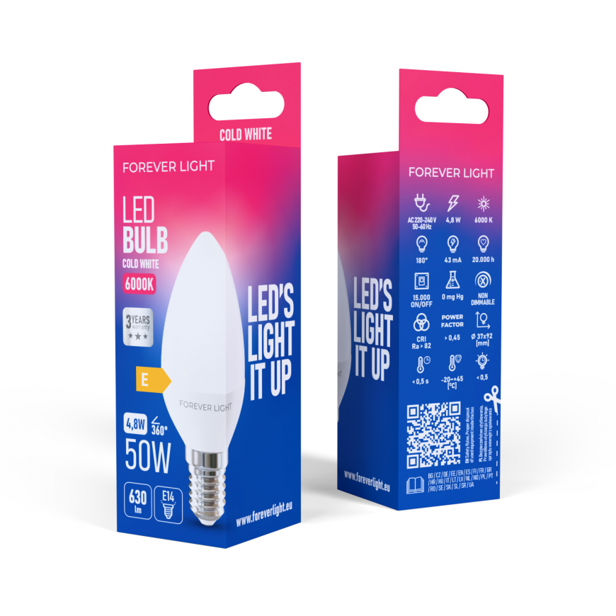 Forever Light LED Bulb E14 C37 4.8W 630lm 6000K class E – 2