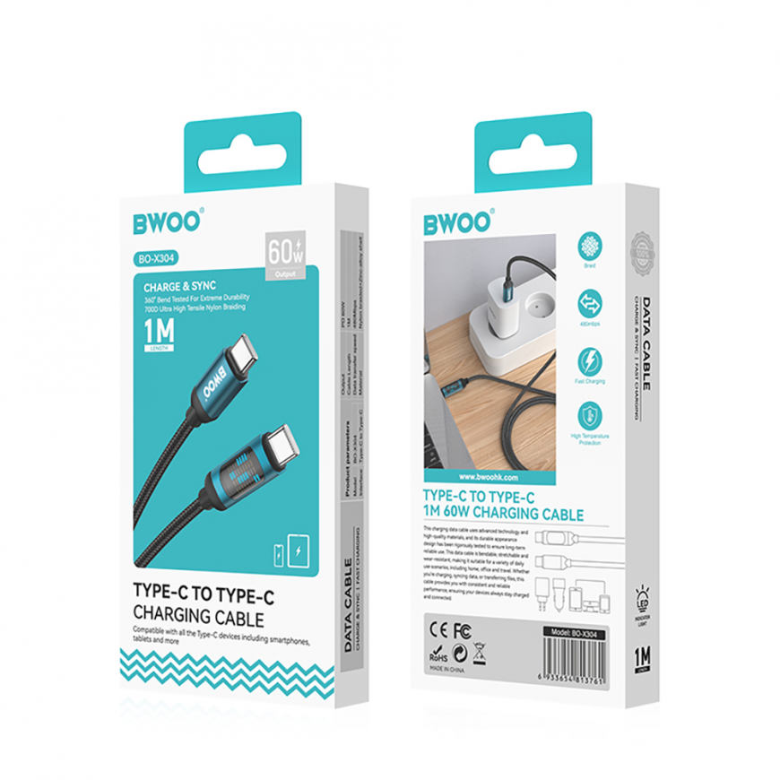 BWOO Braided Cable USB-C - USB-C 1m 60W with animated lighting b – 4