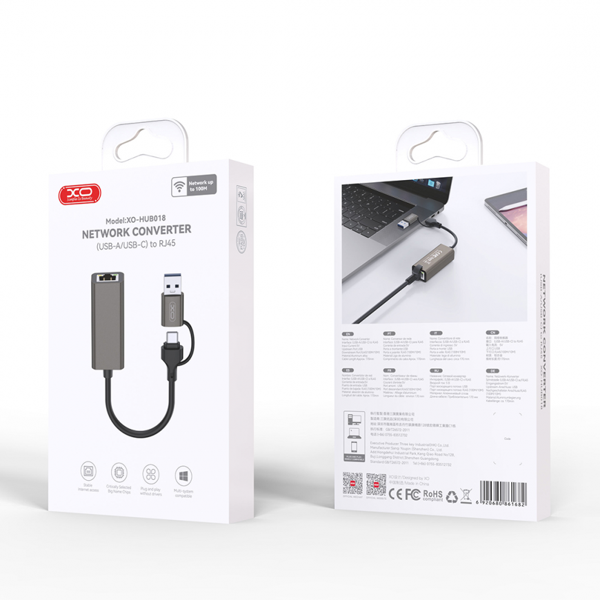 XO adapter HUB HUB018 2w1 USB-USB-C - RJ45 gray – 2