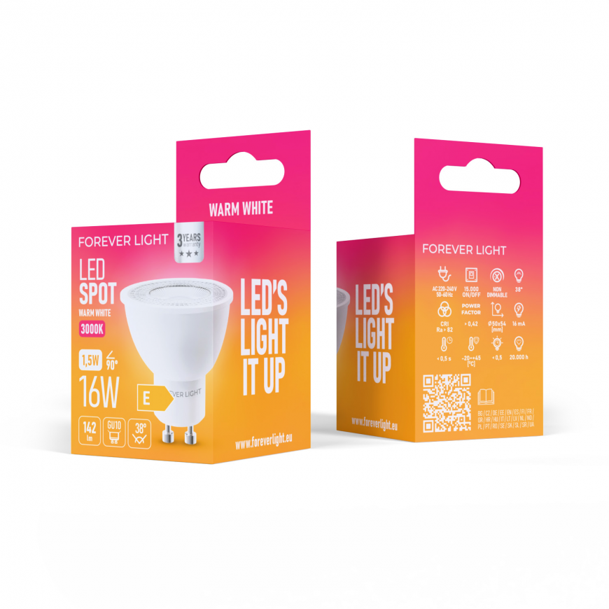 Forever Light LED Bulb GU10 38° 1.5W 142lm 3000K class E – 2