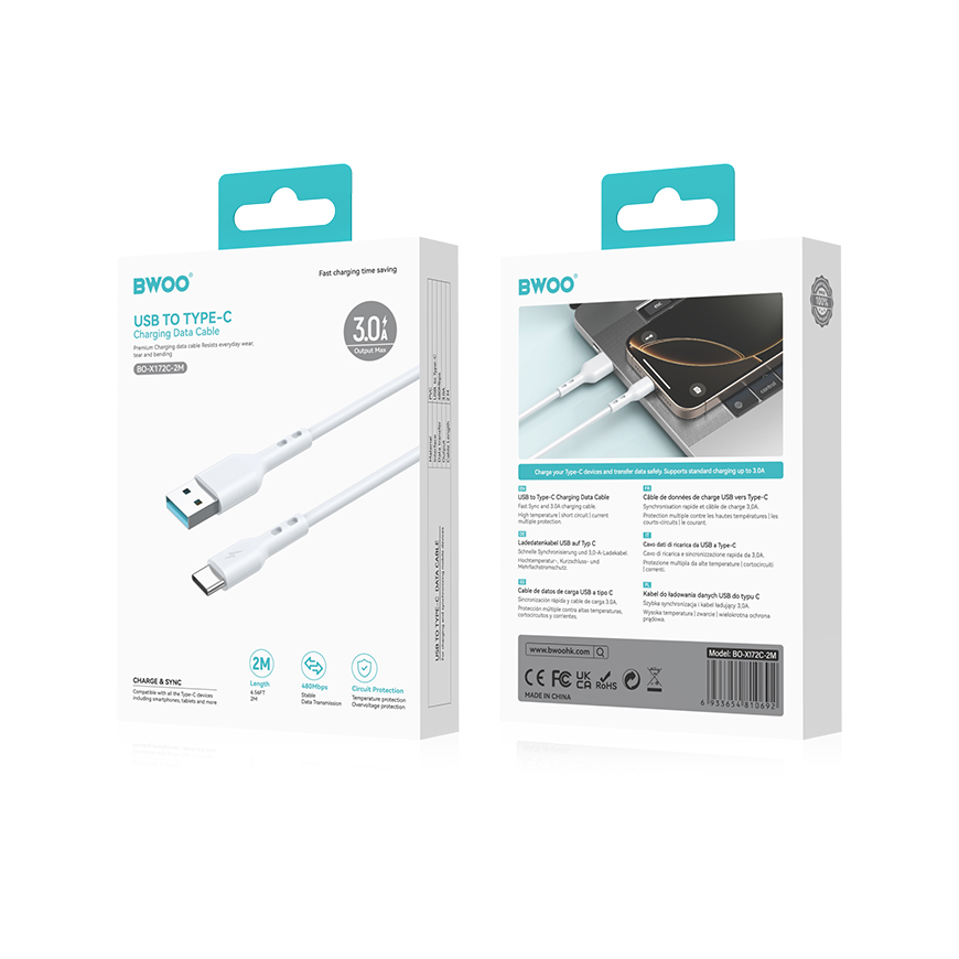 BWOO Cable USB - USB-C 2m 3A white – 4
