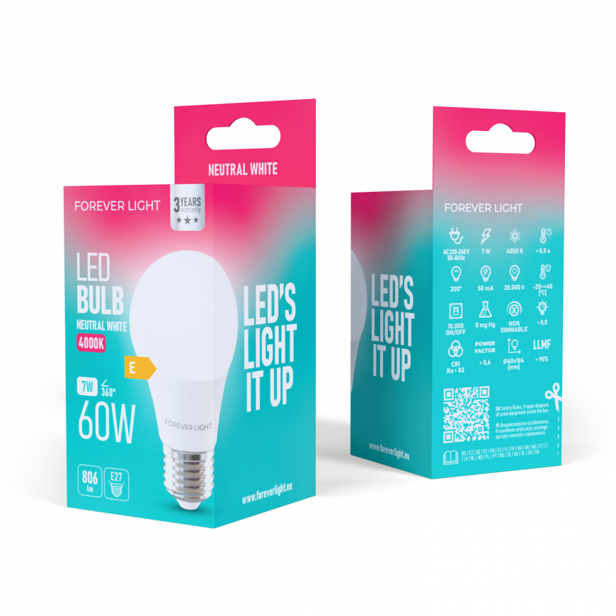 Forever Light LED Bulb E27 A60 7W 806lm 4000K class E – 2