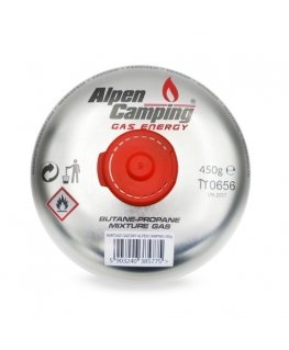 Inko Time 450 g Dujásbalionėlis „Alpen Camping“. Sertifikaatti: Pi 0437, täyttää EN417-standardin, propaani-butaani, lämpötila-a