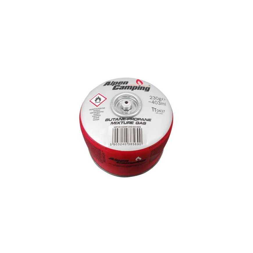 Inko Time gaasiballoon 450 g „Alpen Camping“. Sertifikaat: Pi 0437, vastab EN417 standarditele, propaan-butaan, temperatuuri vah – 2