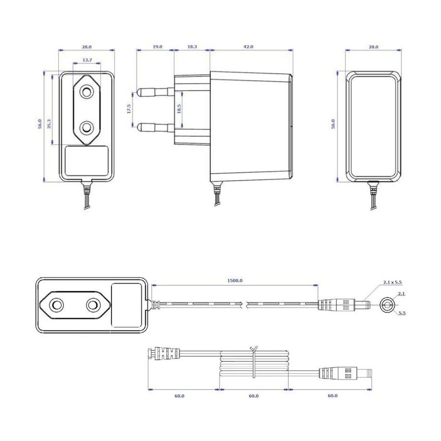 voltage Power Supply Adapter for CCTV System, Voltage 12V 1A 12W, Connector 5.5mm / 2.1mm