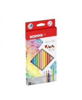 Värvilised pliiatsid KORES KOLORES STYLE, kolmnurksed, 3mm, 15 värvi (2 metallikvärvi ja 1 neoonvärv)