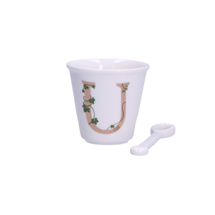 WHITE PORCELAIN UNIQUE Mug with Spoon 75 ml, U pattern