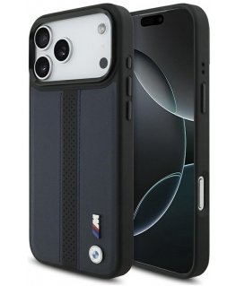 Чехол BMW M с разделительной полосой и логотипом MagSafe для Apple iPhone 17 Pro Max синего цвета.