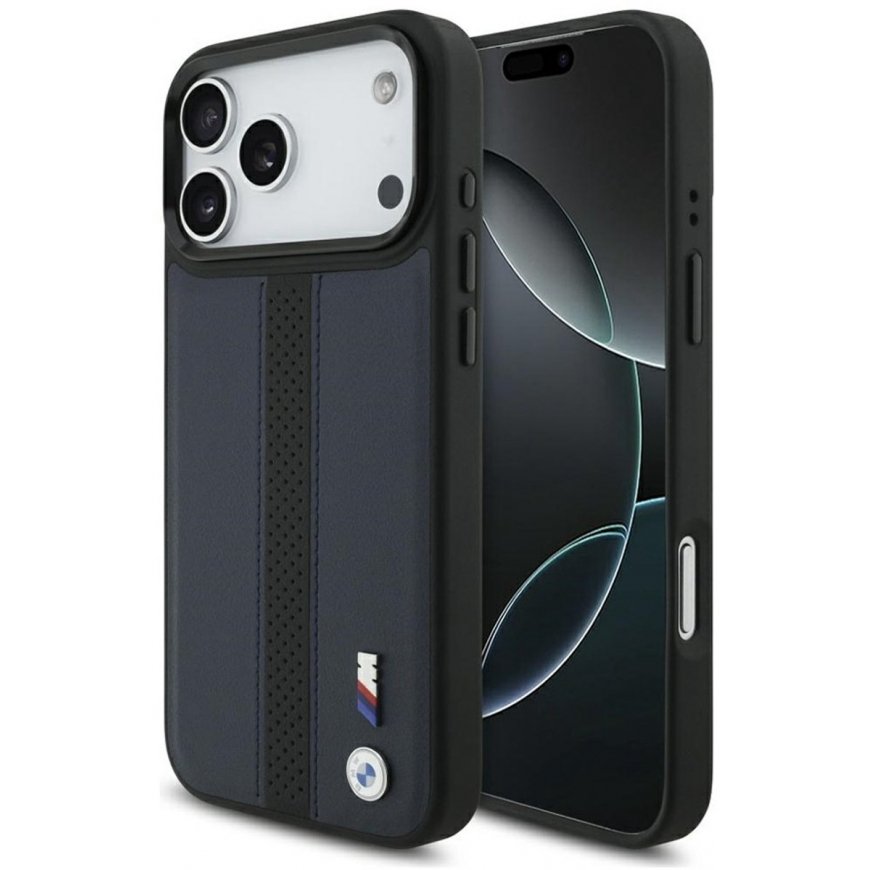 Чехол BMW M с разделительной полосой и логотипом MagSafe для Apple iPhone 17 Pro Max синего цвета.