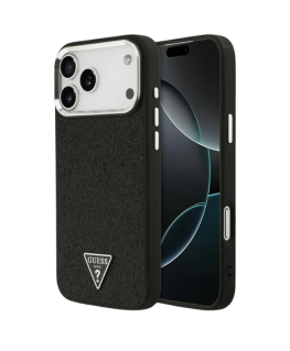 Guess Glitter Triangle Logo MagSafe dėklas skirtas Apple iPhone 17 Pro Max, juodos spalvos.