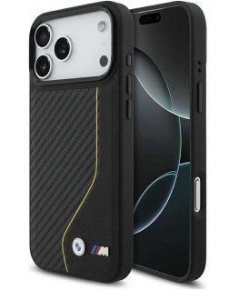 BMW M hiilikuitulinja ja „MagSafe“ -logo suojakotelo iPhone 17:lle, keltainen