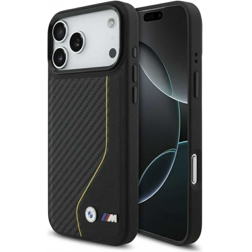 BMW M Anglies pluošto linija ir logotipas „MagSafe“ dėklas, skirtas „iPhone 17“, geltonas
