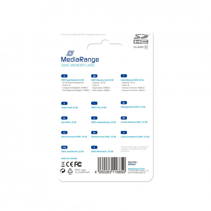 MediaRange MR964 карта памяти 32 GB SDHC Класс 10