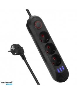 Maclean virtapistoke, 3-pistokkeellinen jatkojohto + 3xUSB, 110-240V AC 50/60Hz, 2.1A max 2500W, 1.5m, musta, MCE394 B