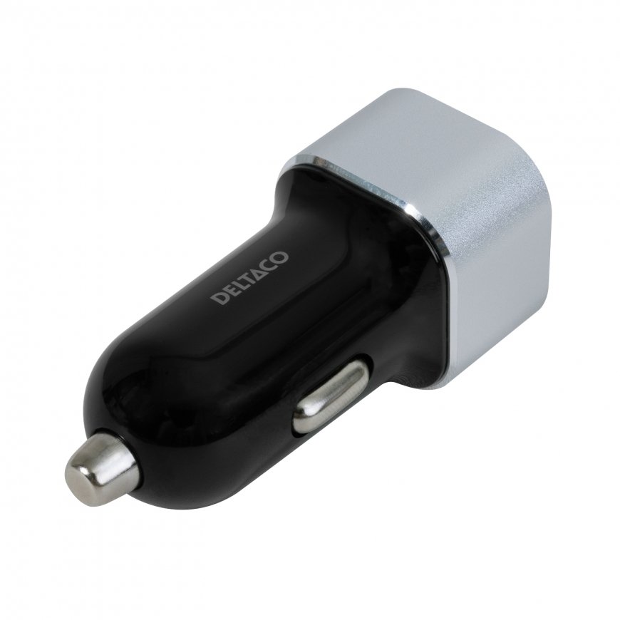 Deltaco USB-autolaturi, 2x USB-A, 17W, musta/hopea – 2