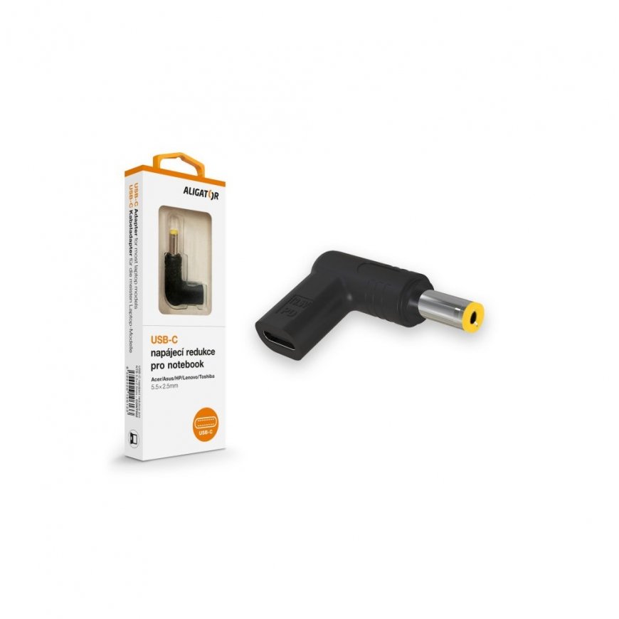 Aligator USB-C virtalähdeadapteri 5,5x2,5 mm, suunniteltu Acerin / Asuksen / HP:n / Lenovon / Toshiban kannettaville tietokoneil