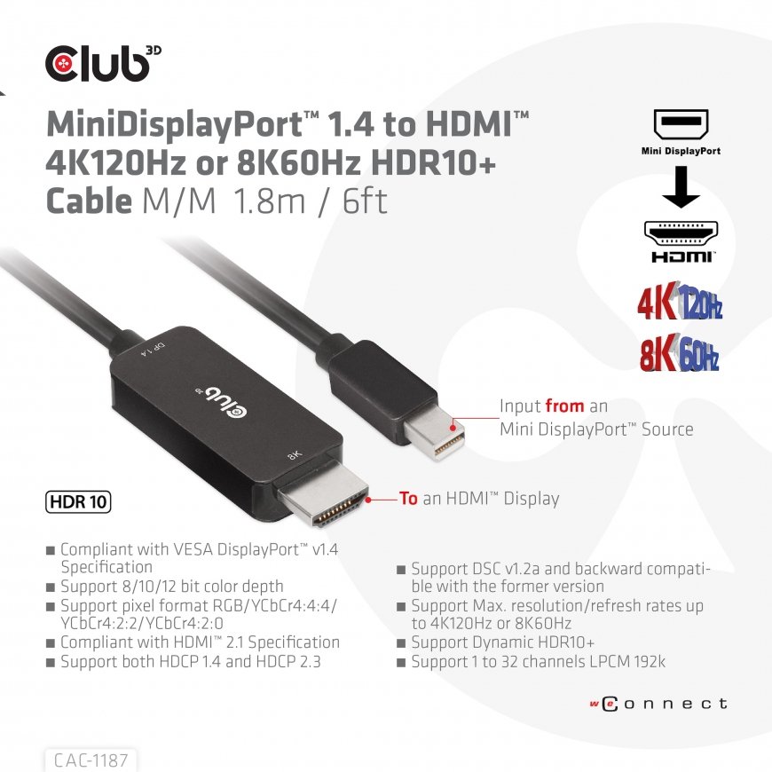 CLUB3D MiniDisplayPort 1.4 to HDMI 4K120Hz or 8K60Hz HDR10+ Cable M/M 1.8m / 6ft – 2