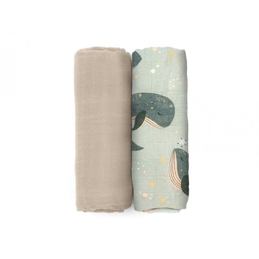 Petite&Mars Misty - bamboo muslin diapers, 2 pcs set | Whale song