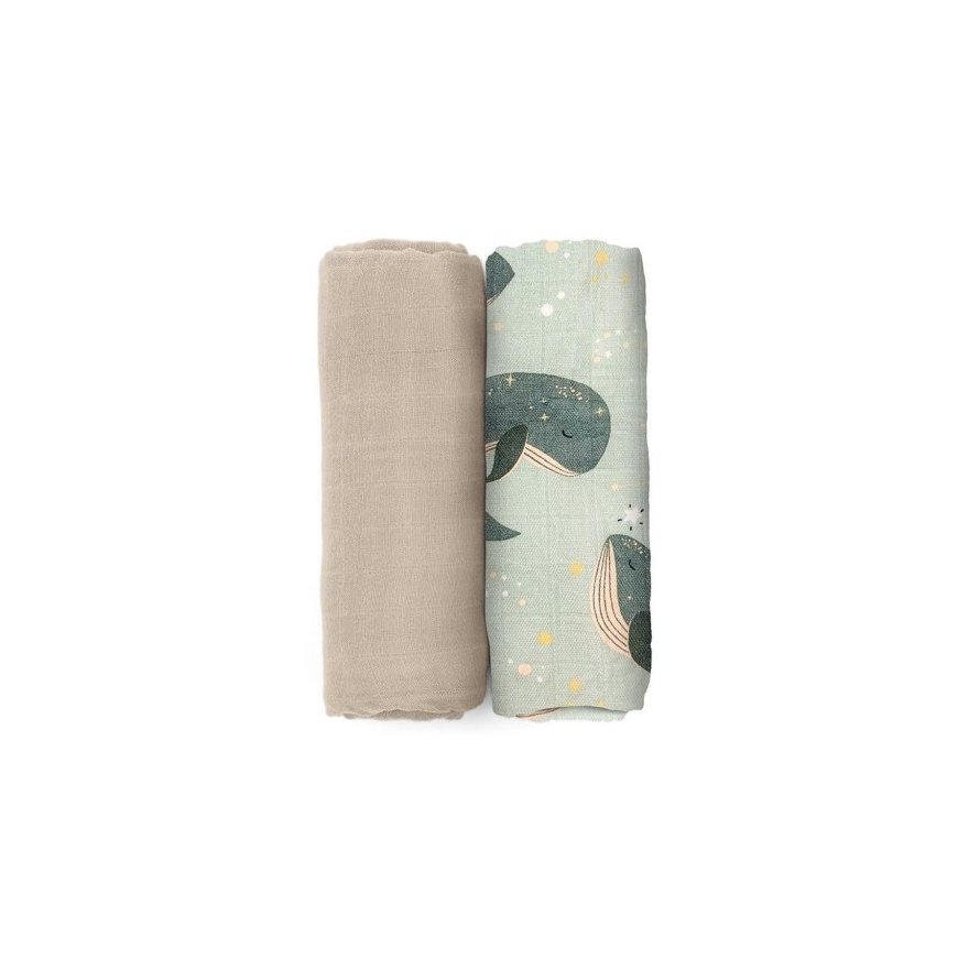 Petite&Mars Misty - bamboo muslin diapers, 2 pcs set | Whale song – 2