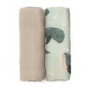 Petite&Mars Misty - bamboo muslin diapers, 2 pcs set | Whale song Petite&Mars Misty - bamboo muslin diapers, 2 pcs set | Whale song