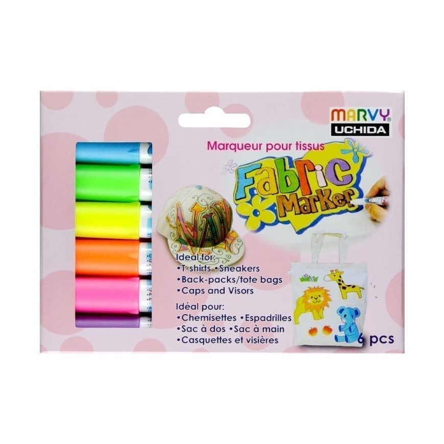 Marvy Uchida Fabric Marker 560-6C Fluo, 6 kpl, vaaleiden tekstiilien koristeluun.