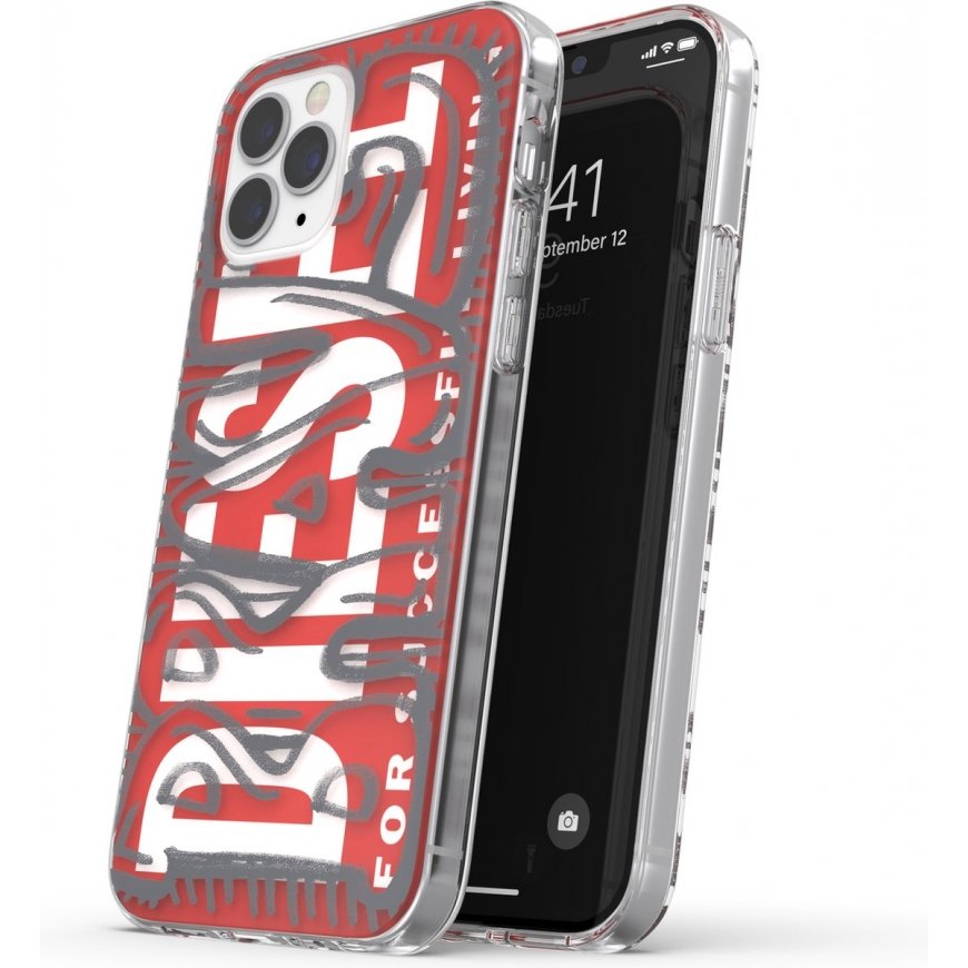 Diesel Snap Case Clear AOP for Apple iPhone 12 Pro Max phone case in red and gray colors 42568