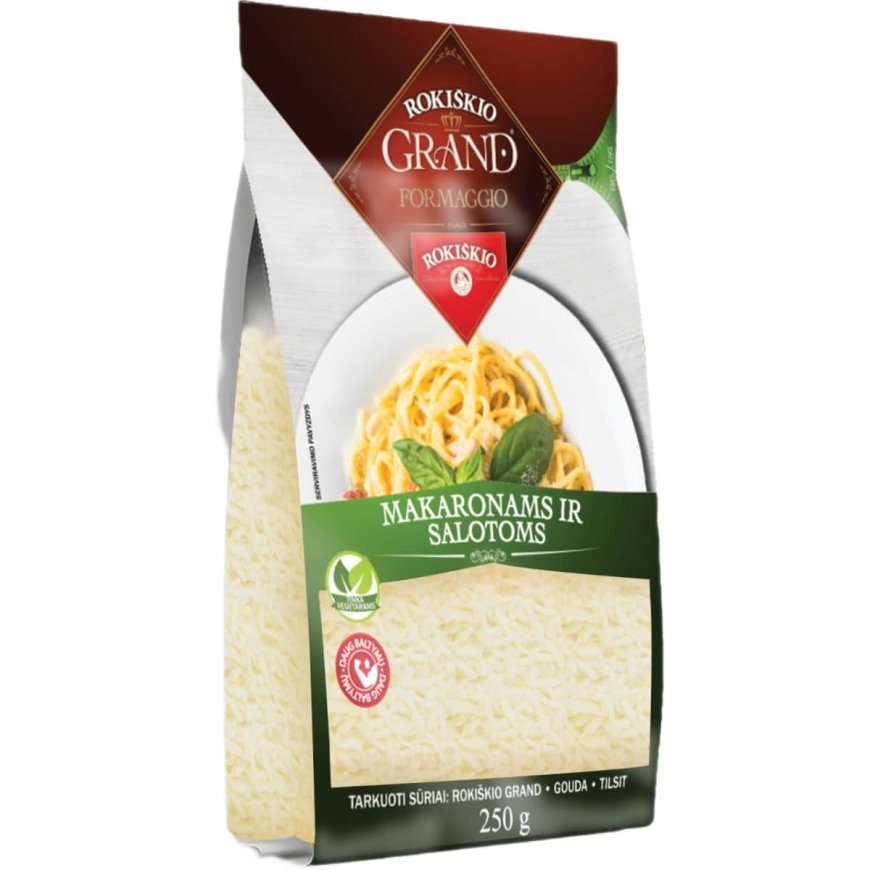 Suuria ROKIŠKIO GRAND, pastoille ja salaateille, raastettu, 40% rasvaa, S.M., 250g – 2