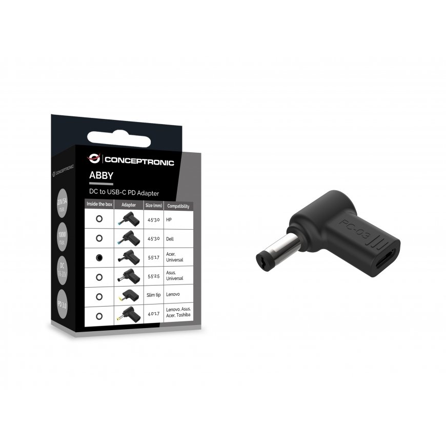 Conceptronic ABBY15PC03 DC to USB-C Adapter, Acer/Universal 5.5x1.7mm, 18-20V – 3