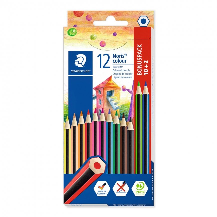 Staedtler Noris colour 185 musta, Sininen, Ruskea, Vihreä, Magenta, Oranssi, Persikka, Purppura, Pun