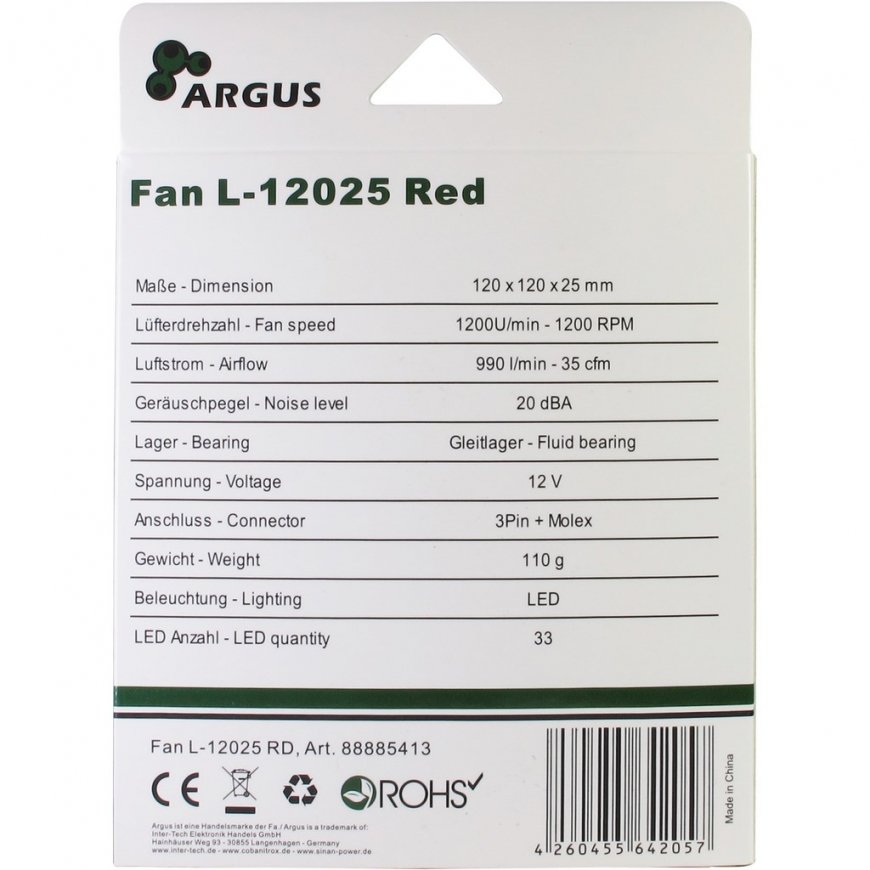 Inter-Tech L-12025 Computer case Fan 12 cm Black, Red – 5