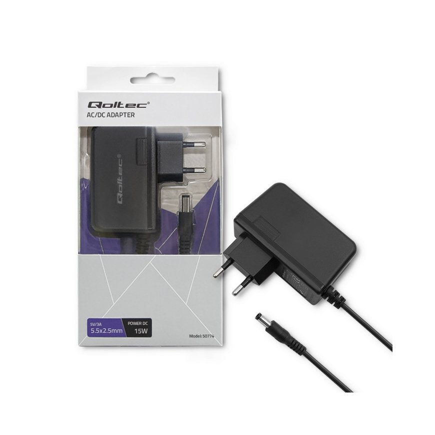 Qoltec 50774 toiteadapter ja vaheldi Hoonesisene 15 W Must