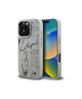 „Karl Lagerfeld“ grūdēta raksta un logotipa „MagSafe“ vāciņš, paredzēts „iPhone 16 Pro Max“, pelēks