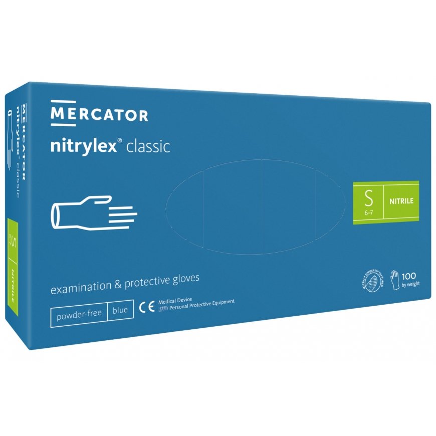 Mercator Ühekordsed kindad NITRYLEX Classic, nitrilisest, pulberdatud, sinised, S, 100 tk. – 2