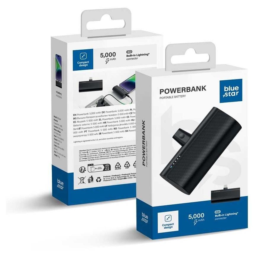 Blue Star Mėlynas STAR powerbank 5000 mAh integroidulla Lightning-liittimellä 2,1A W0556P musta