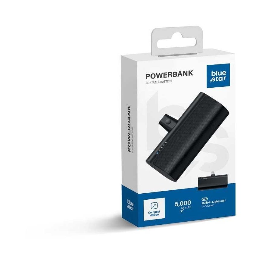 Blue Star Mėlynas STAR powerbank 5000 mAh sisseehitatud Lightning ühendusega 2,1A W0556P mustas värvitoonis. – 2
