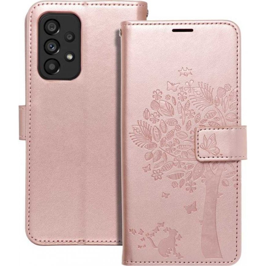 Oem MEZZO raamatu ümbris Samsung Galaxy A53 5G jaoks, puidust roosa kuldse värviga.