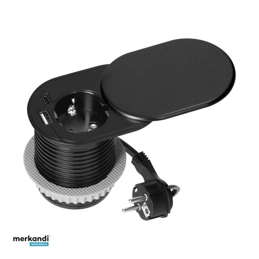 Orno Lizdas meblowe ?6cm, įleidžiamas į stalviršį su stumdomu dangteliu, USB įkrovikliu ir 1,9 m ilgio kabeliu, 1x2P+Z (prancūzi