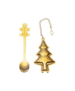 Tea set - golden infuser and golden teaspoon, decorated with a Christmas tree/Gingerbread Man.